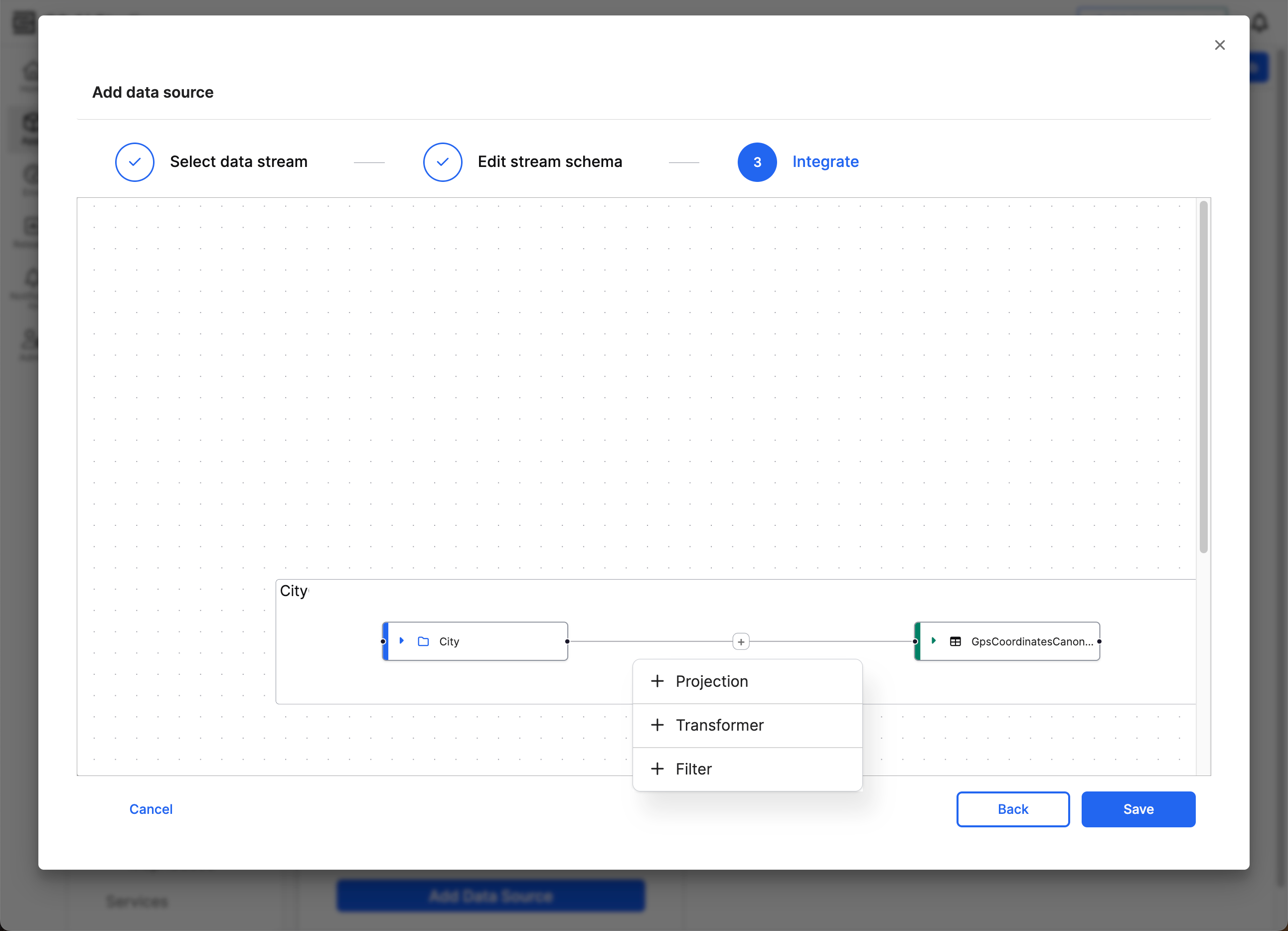 The dropdown menu between Source and Target that shows the Projection, Transformer, and Filter options.