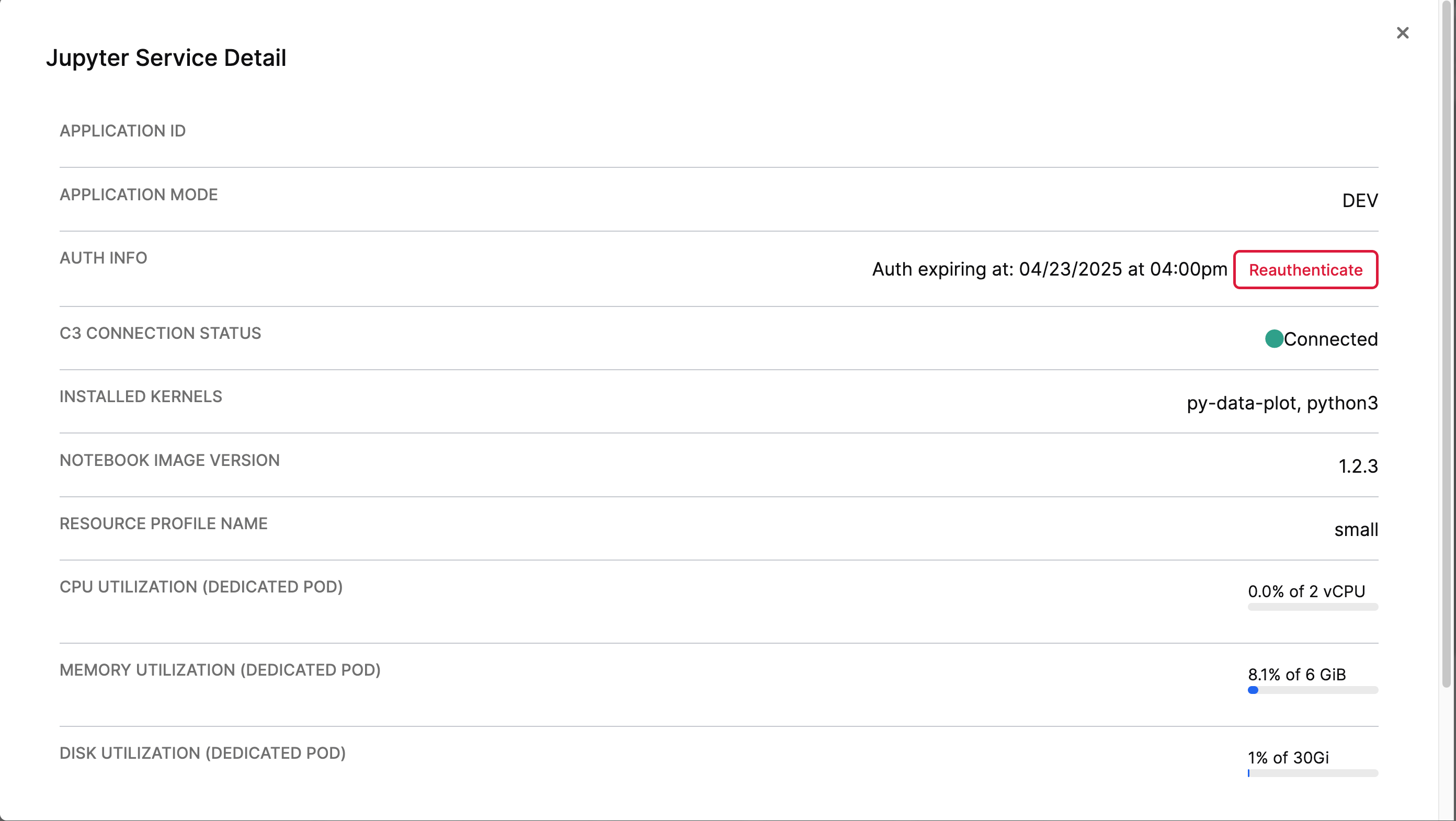 The Service Details popup, showing Auth info in the second entry with a red Reauthenticate button to the right