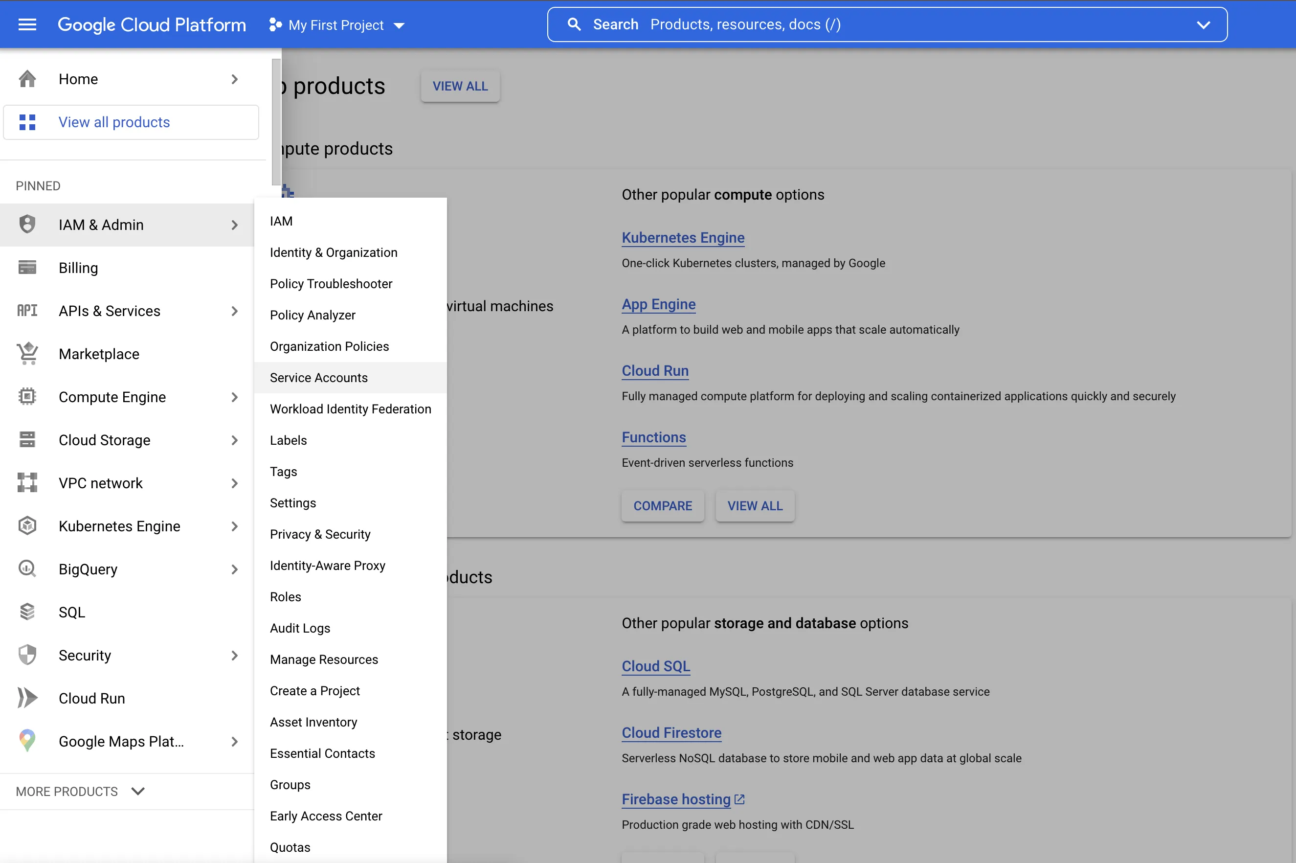 Google Cloud IAM menu