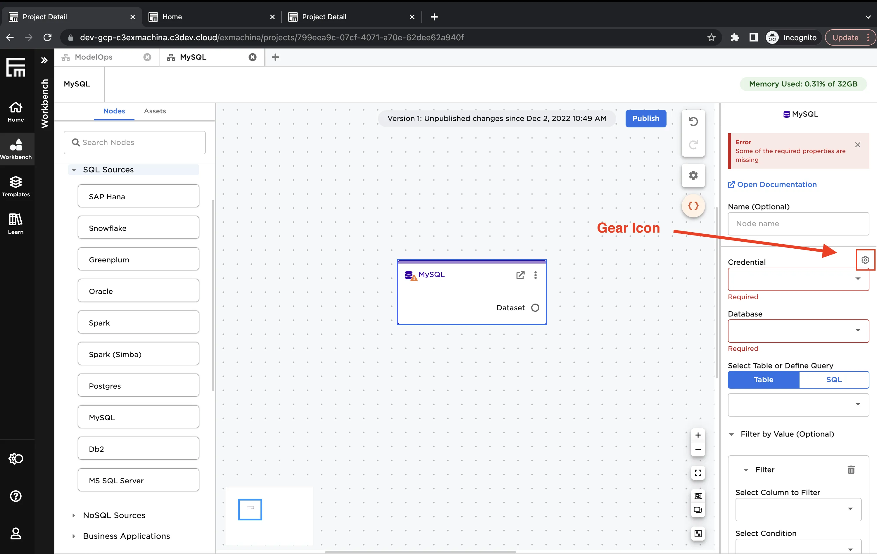 Adding MySQL credentials - step 1