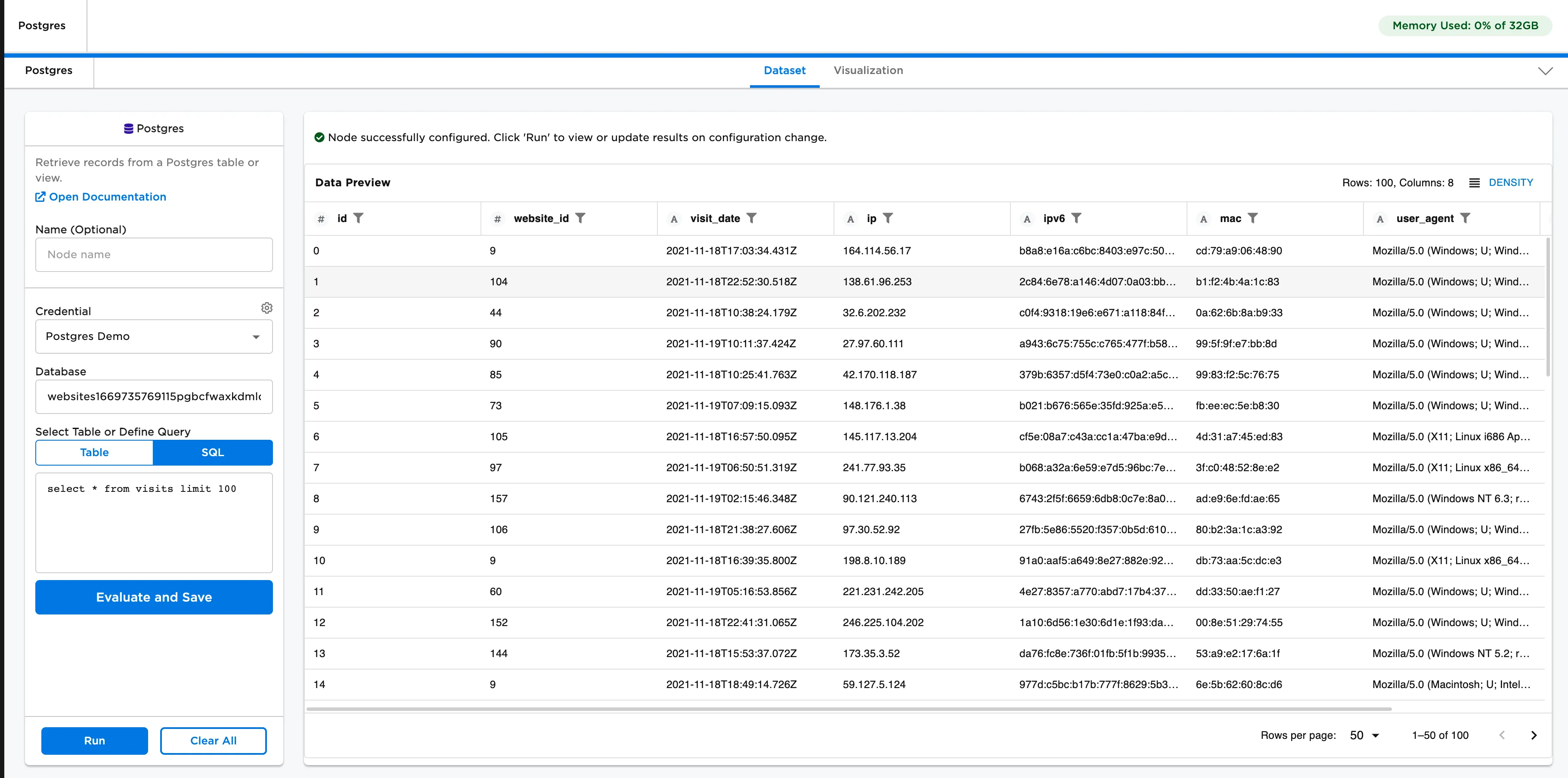 Example dataframe created from a Postgres query