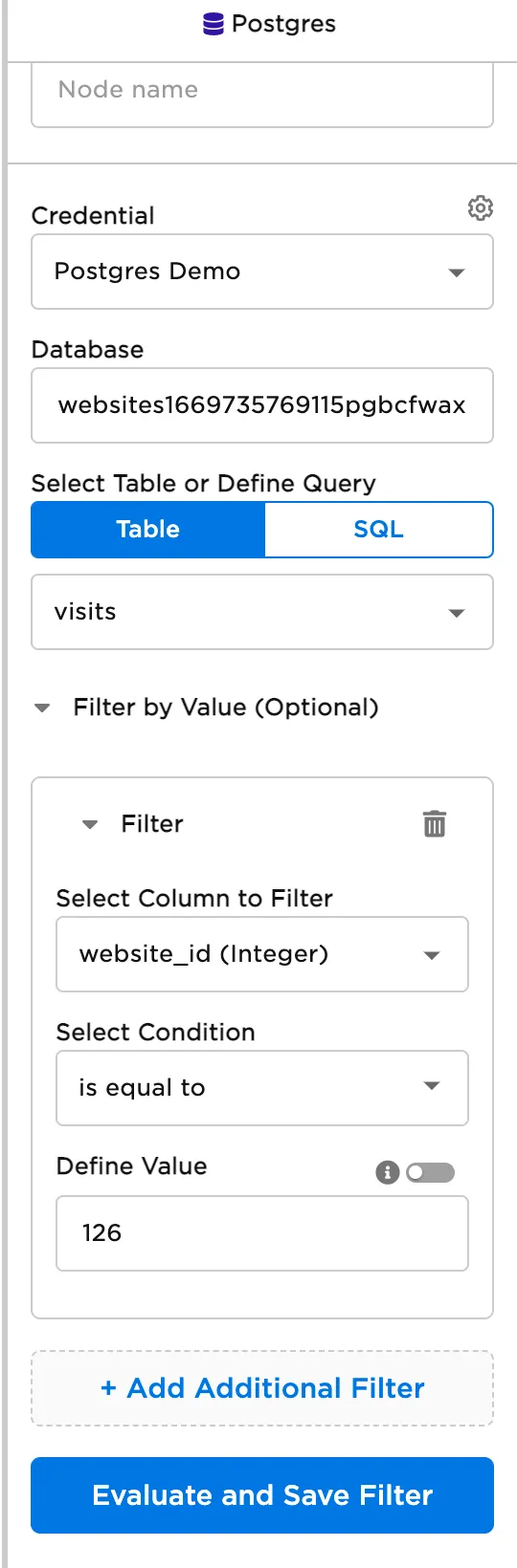 Postgres filter configuration