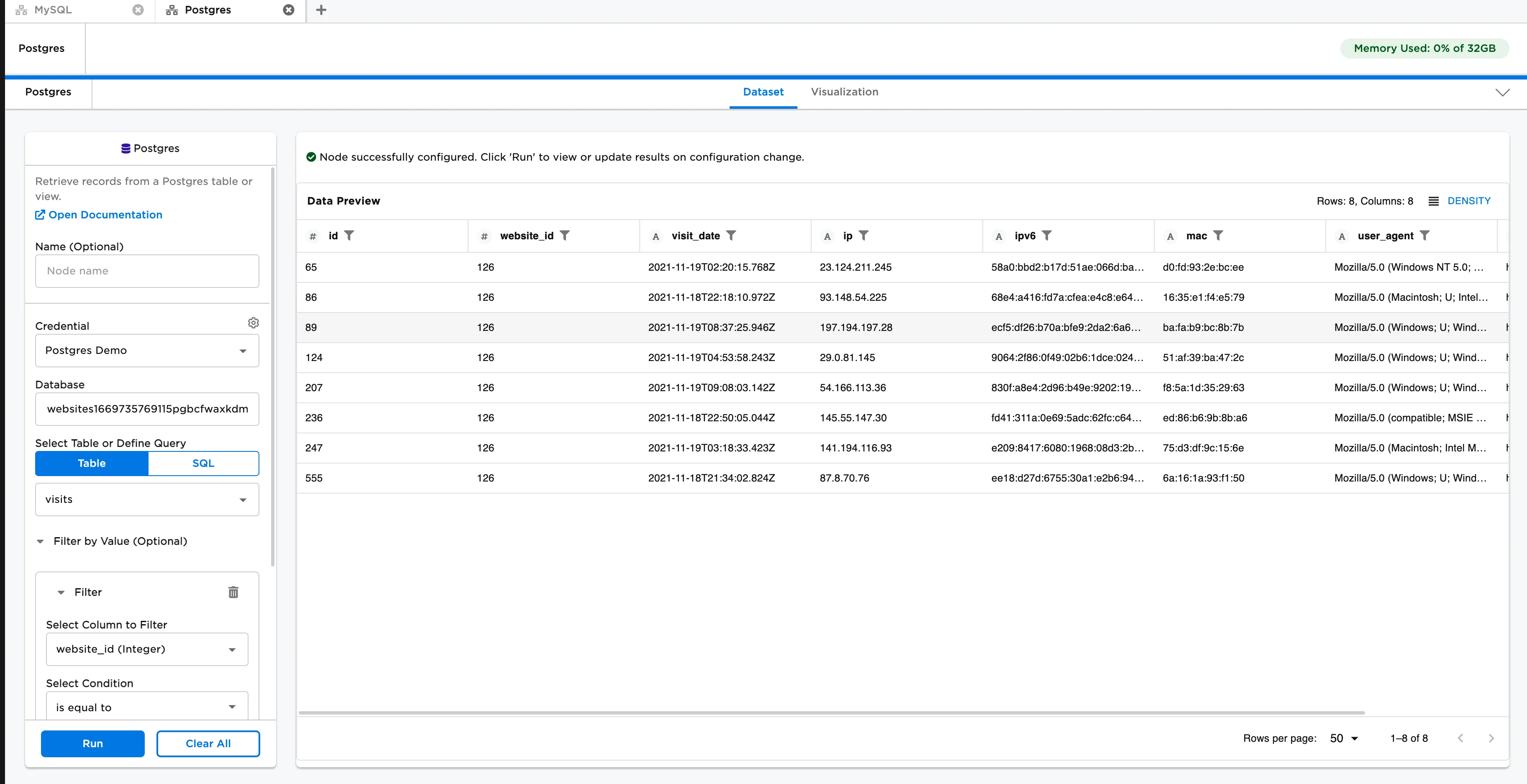 Example dataframe filtered by value