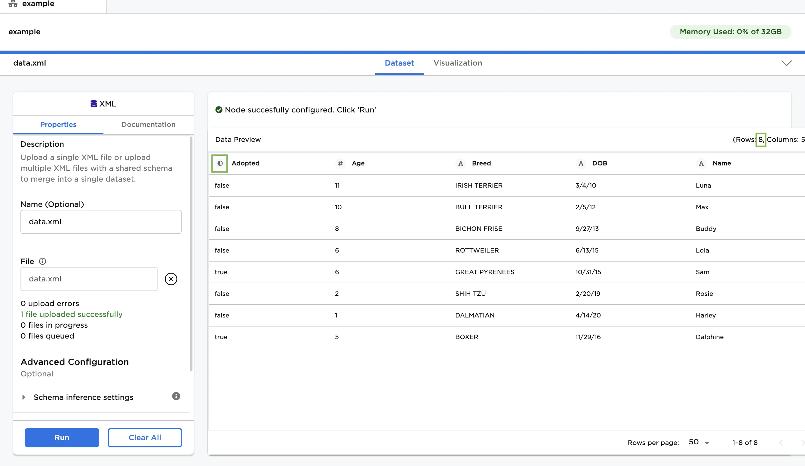 Example dataframe with default settings