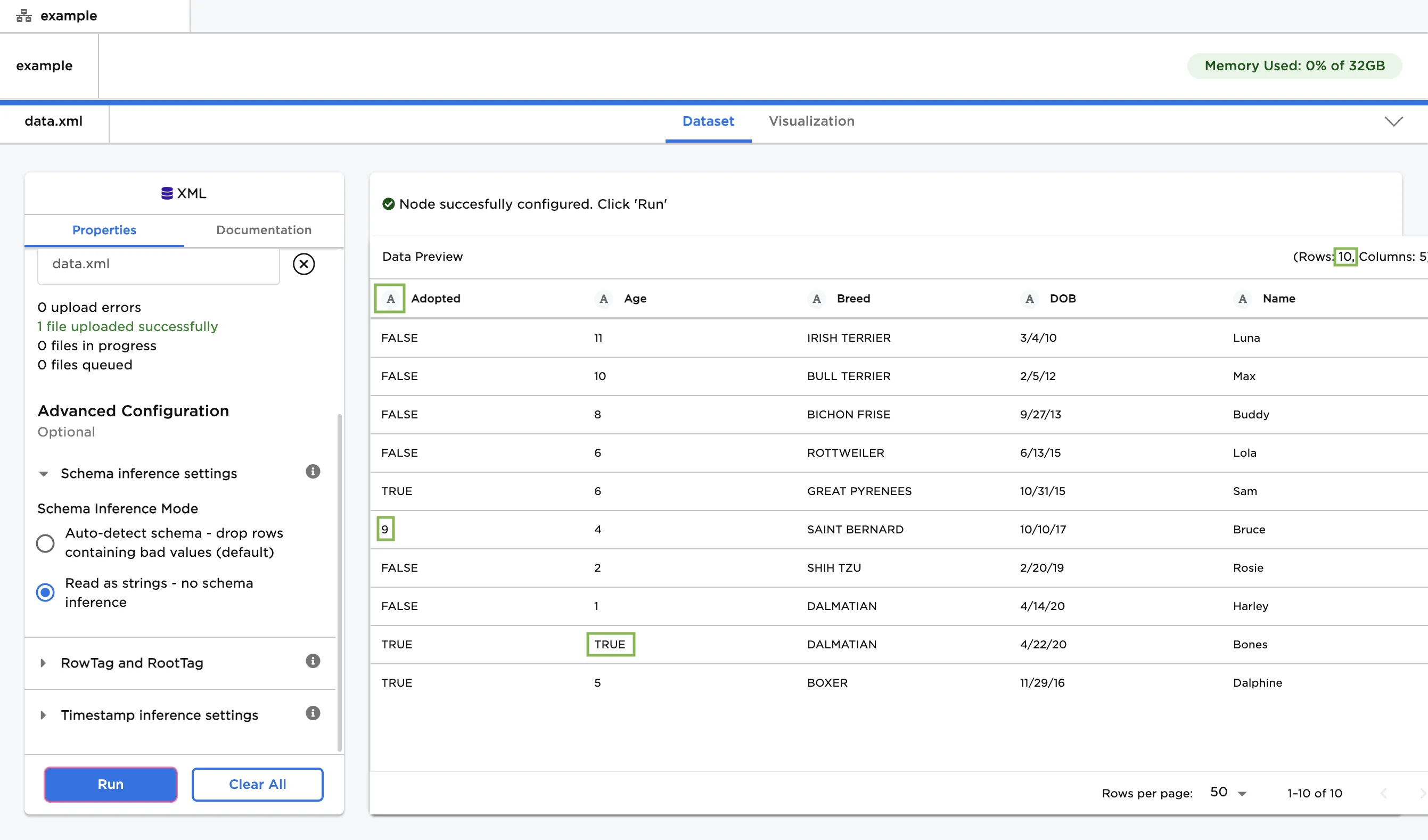 Example dataframe with all data imported as strings