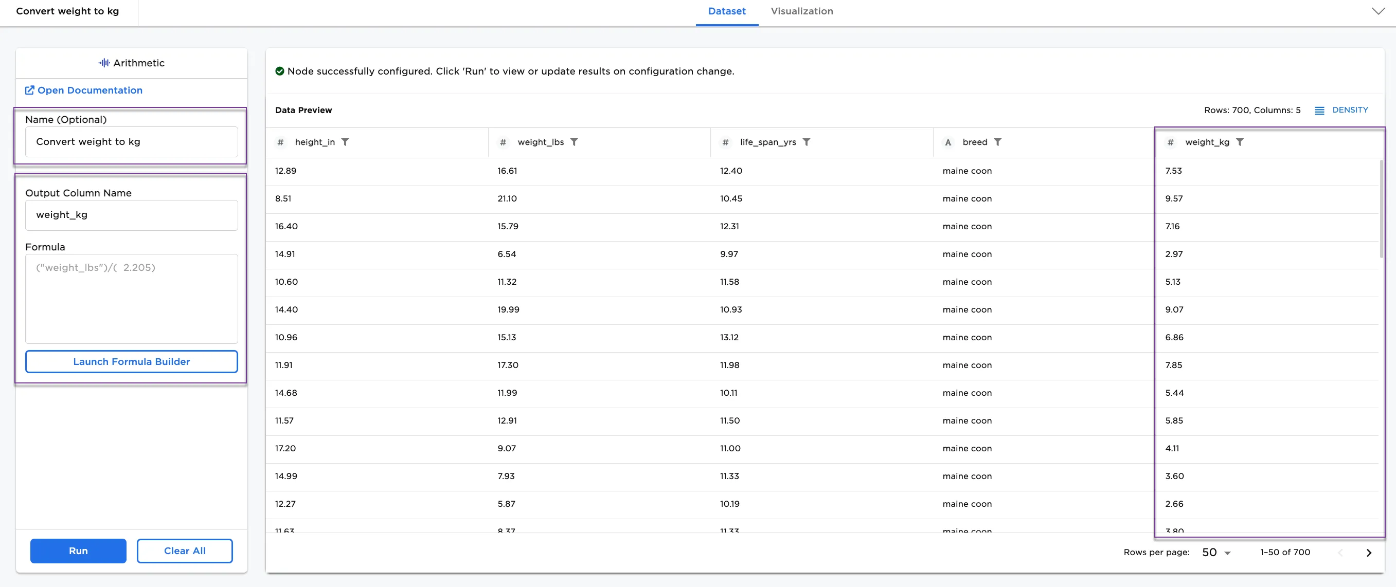 Example dataframe weight converted to kg