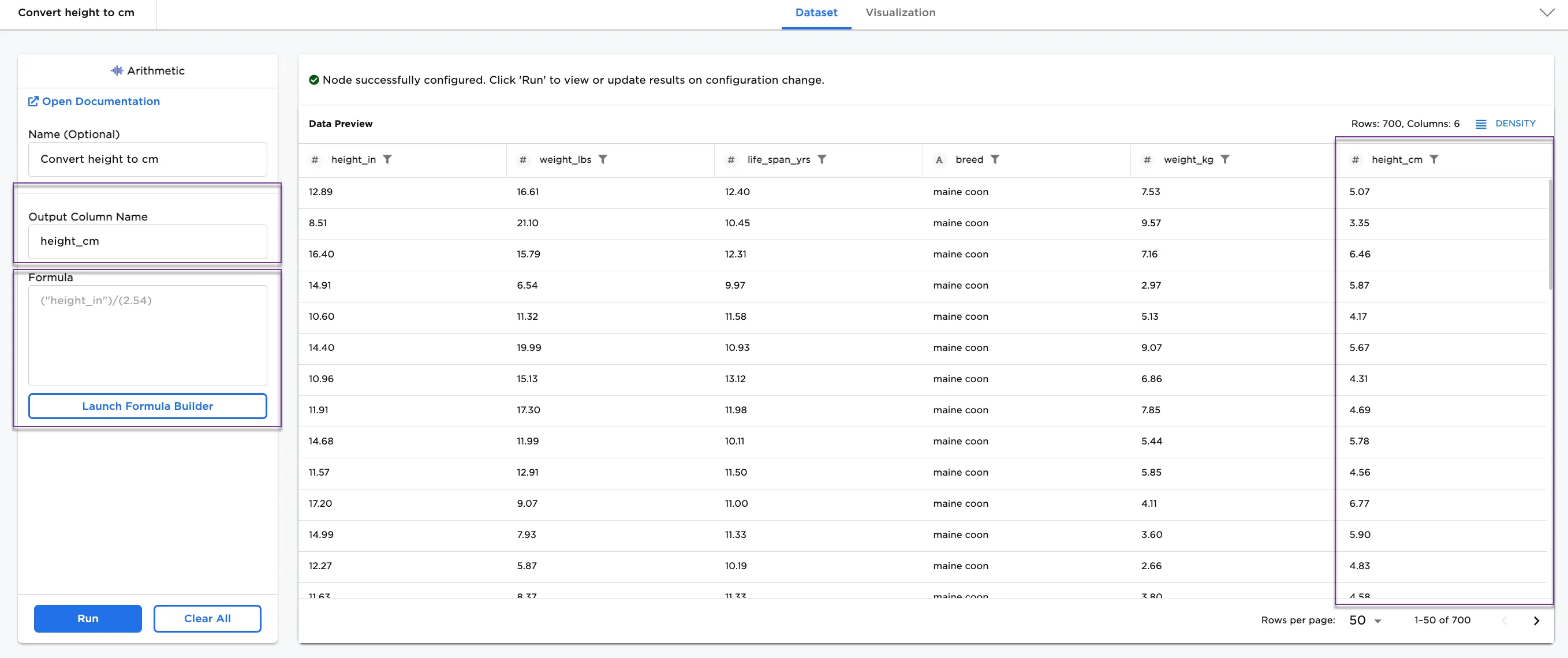 Example dataframe with height converted to cm