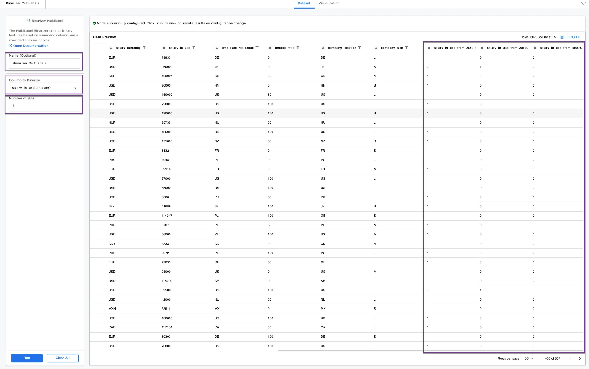 Example dataframe with 3 bins on numeric labels