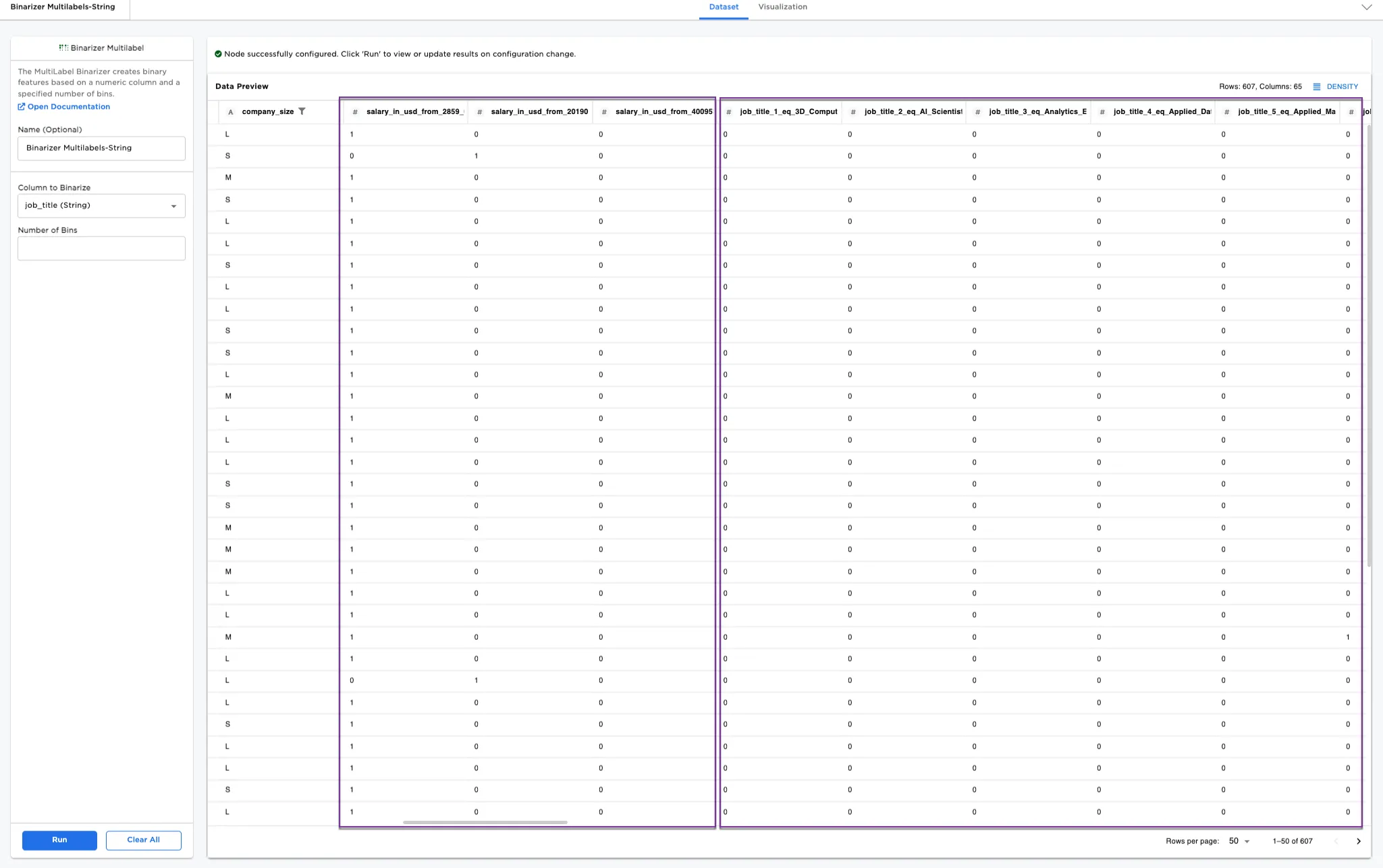 Example dataframe with numeric and string labels binarized