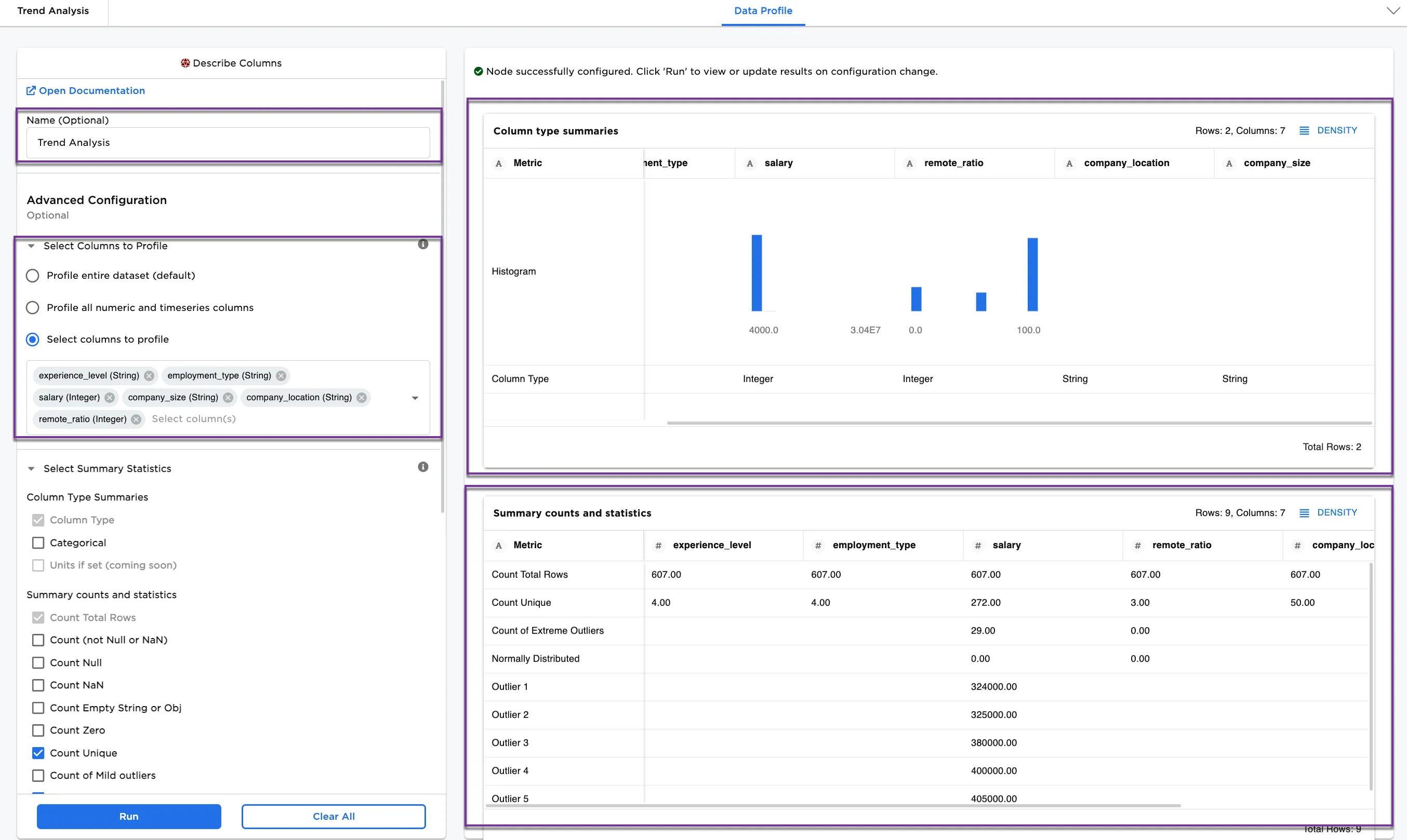 Example data profile with selections