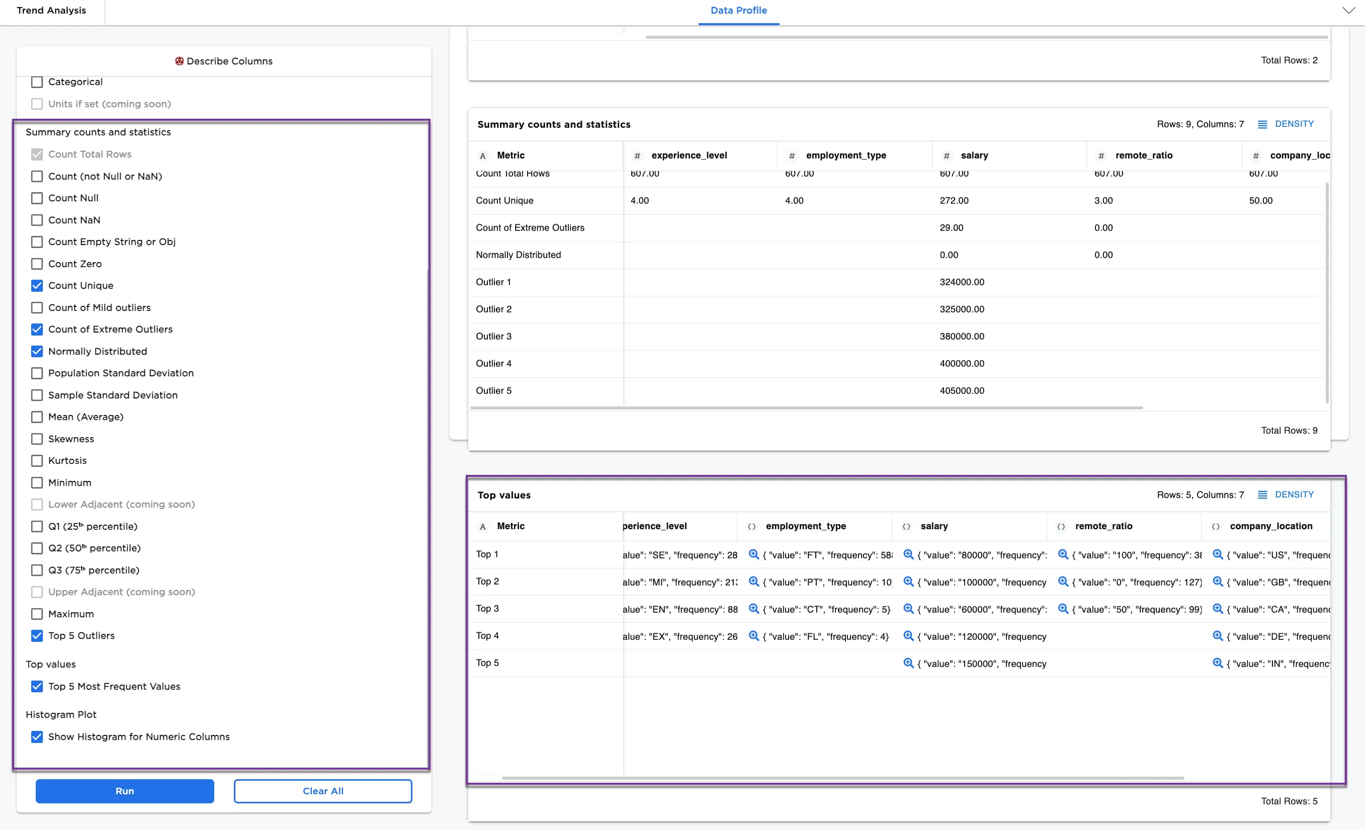 Example data profile with selections