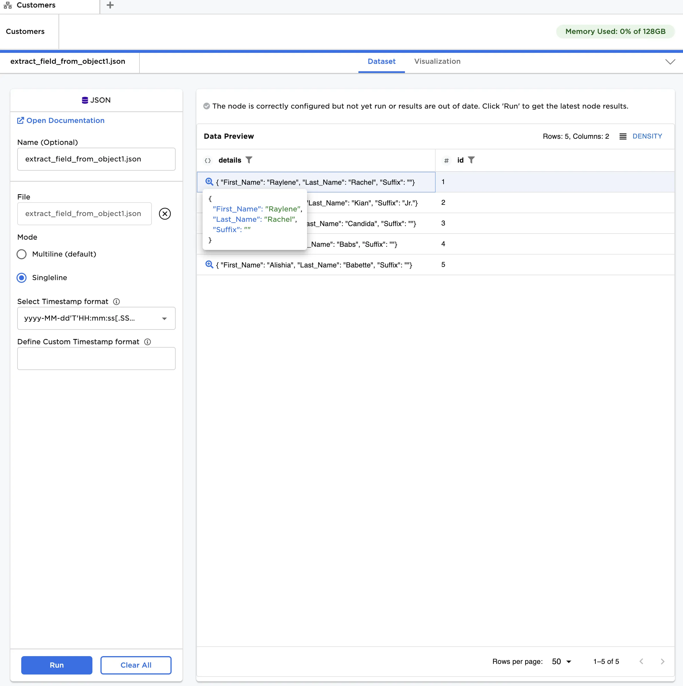Example input data for single level object