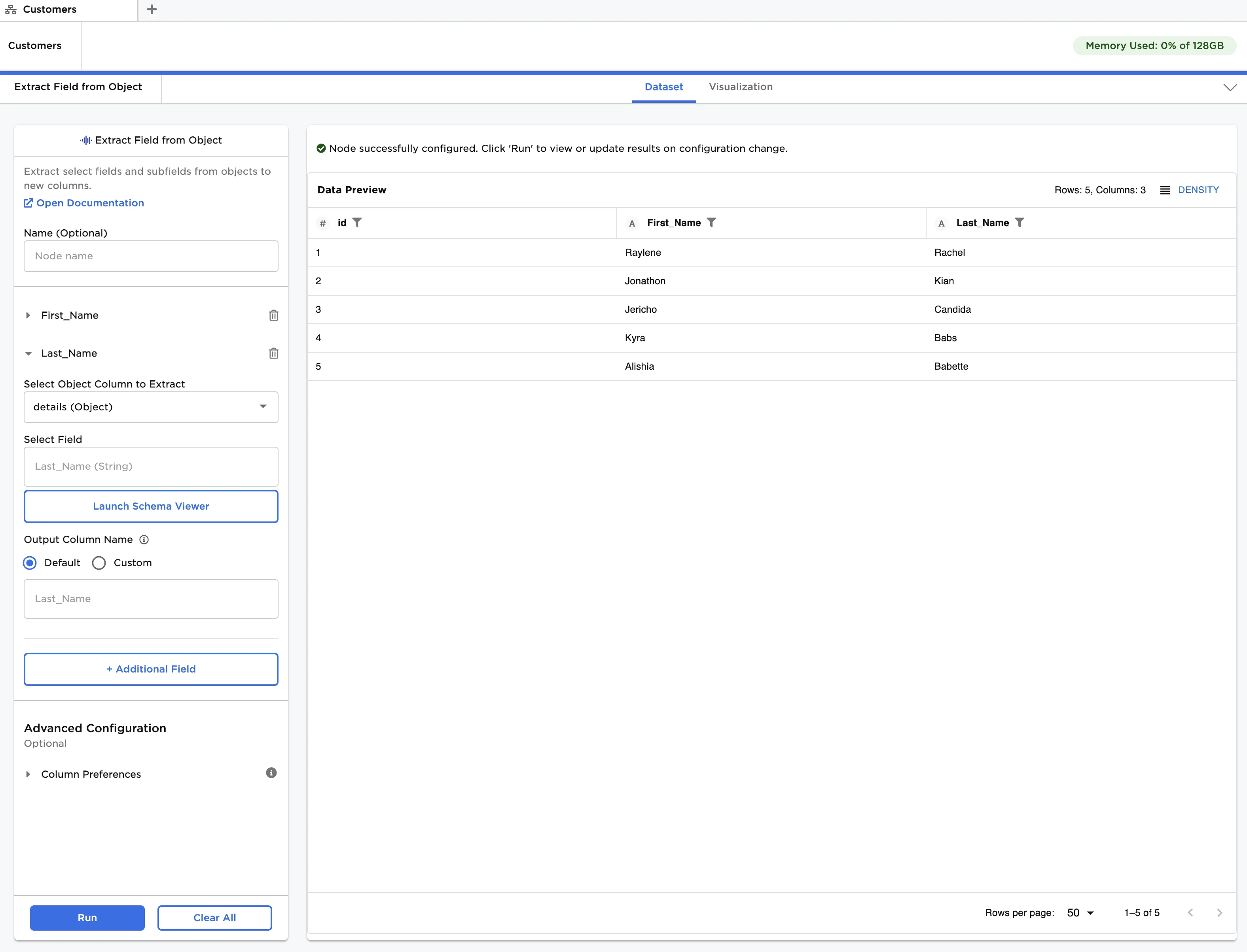 Extracting fields from a single level object