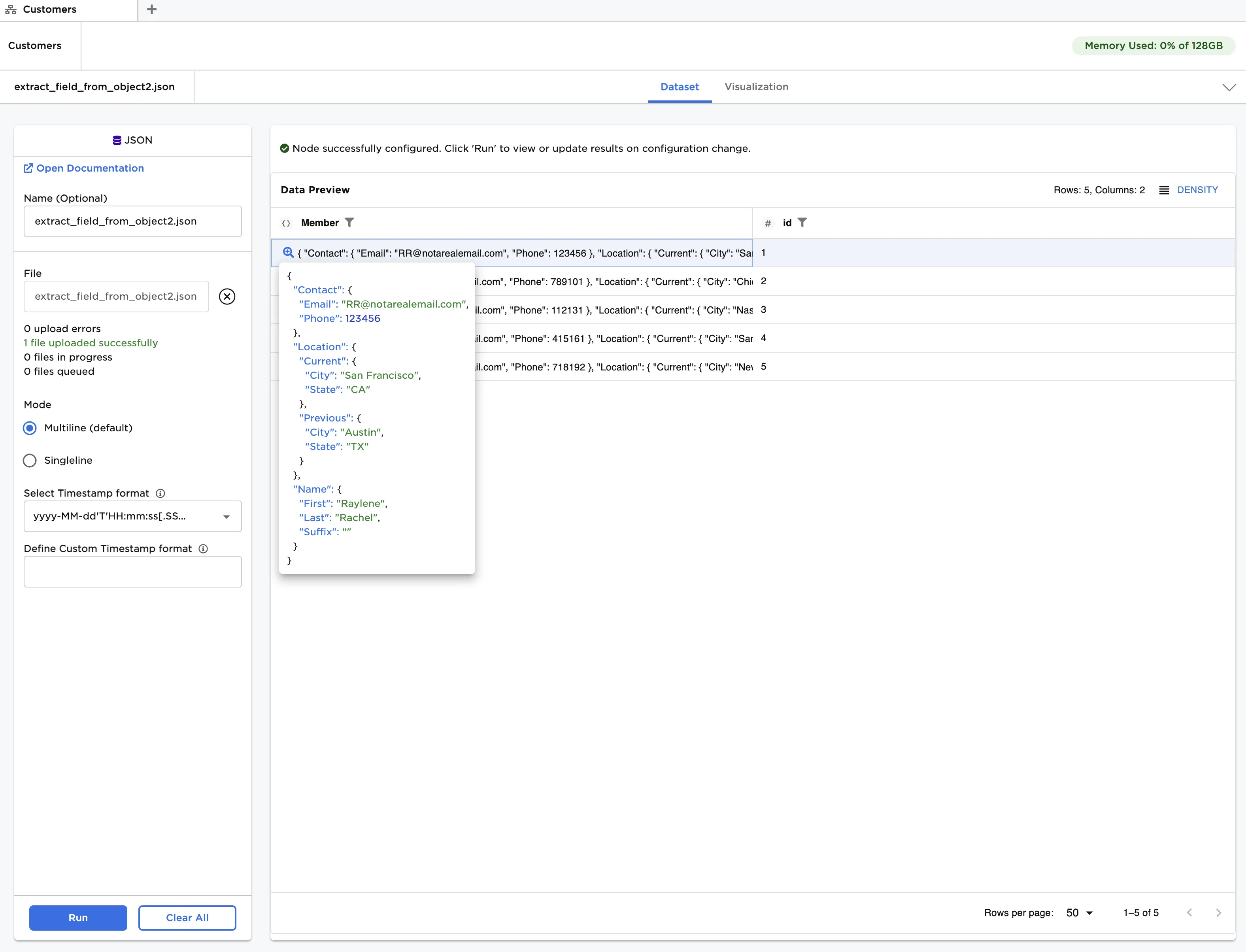Example input data for multilevel object