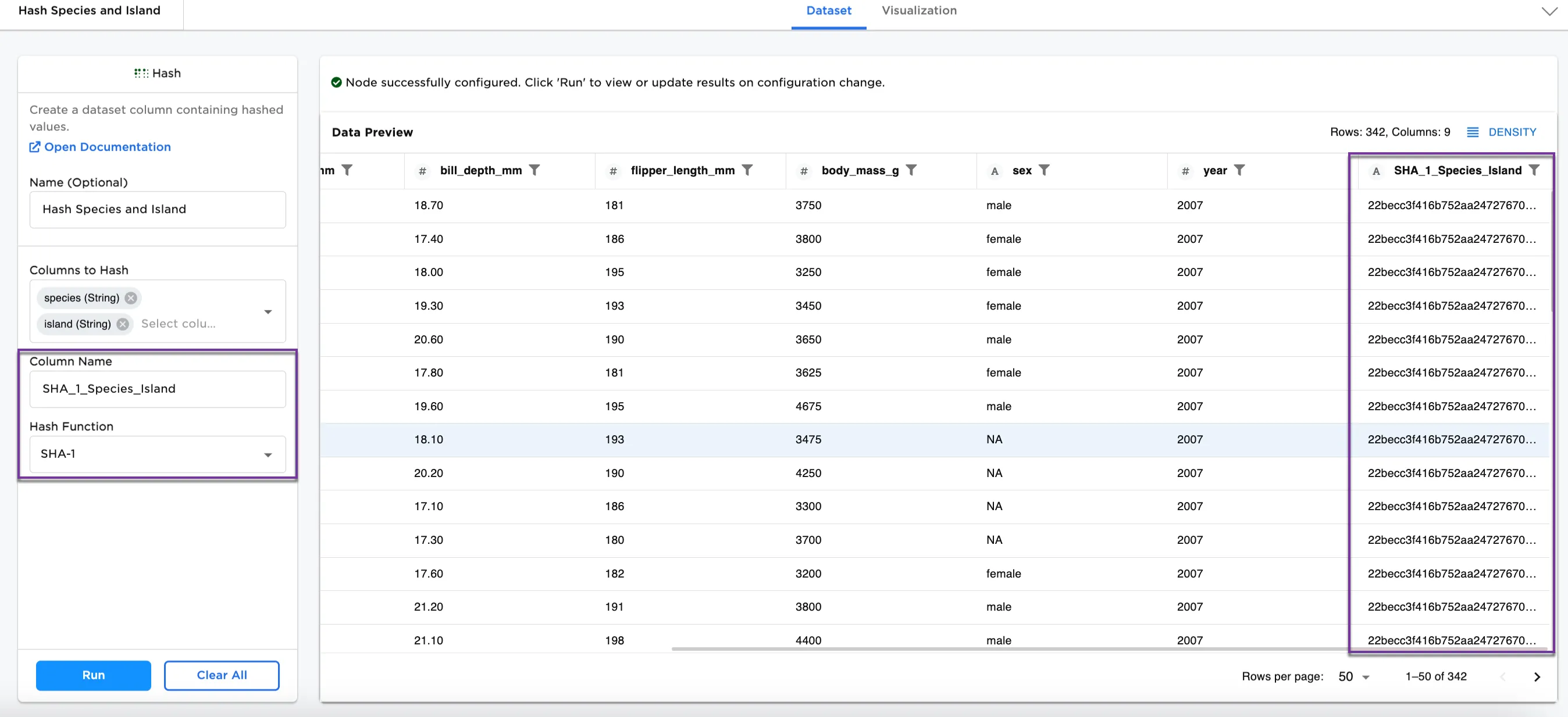 Example dataframe with SHA-1 function