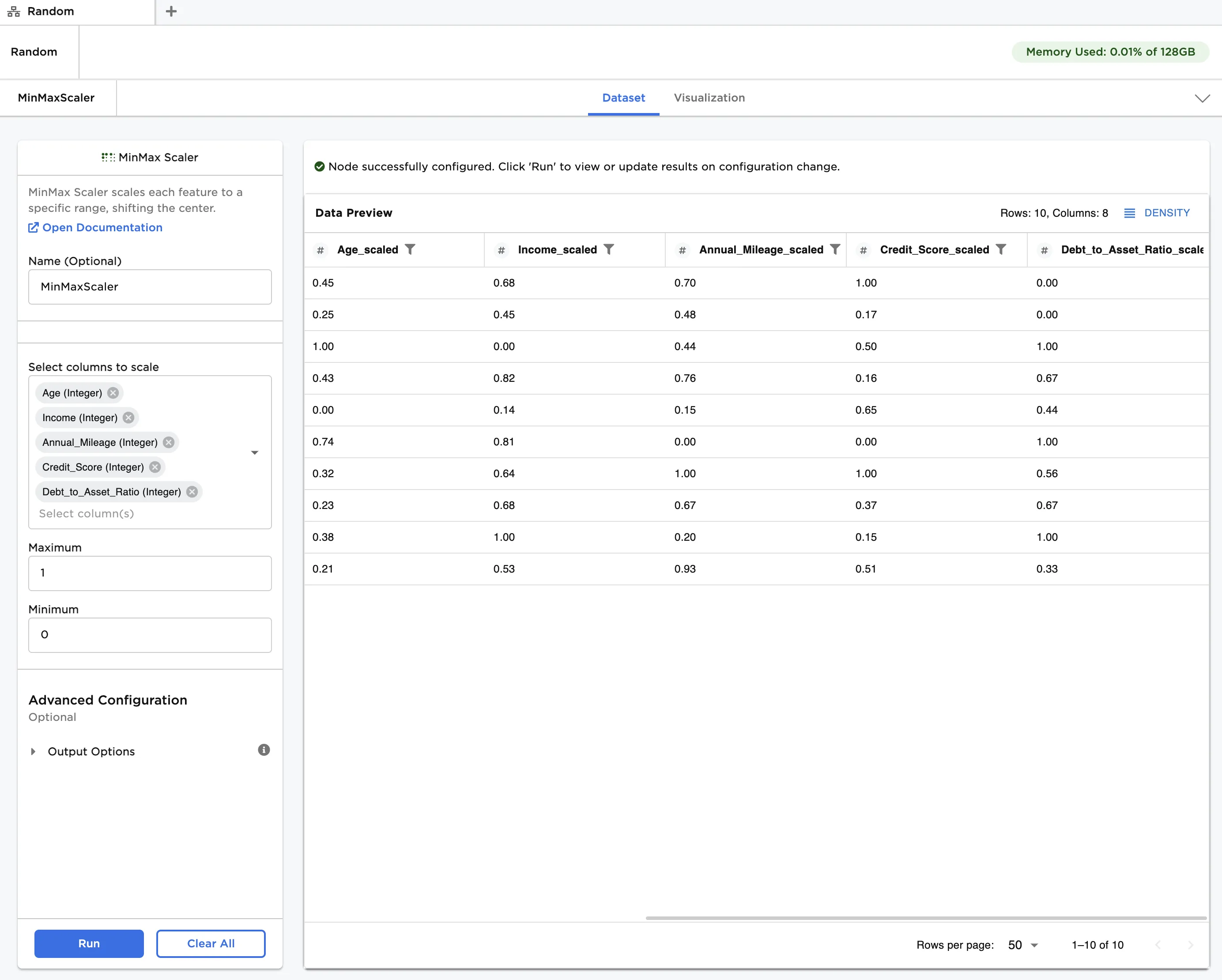 Example dataframe with default settings