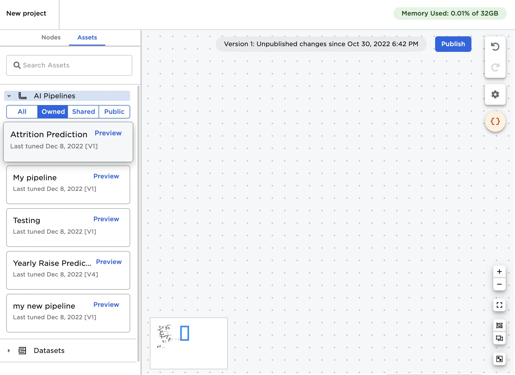 Saved pipelines in the Assets panel