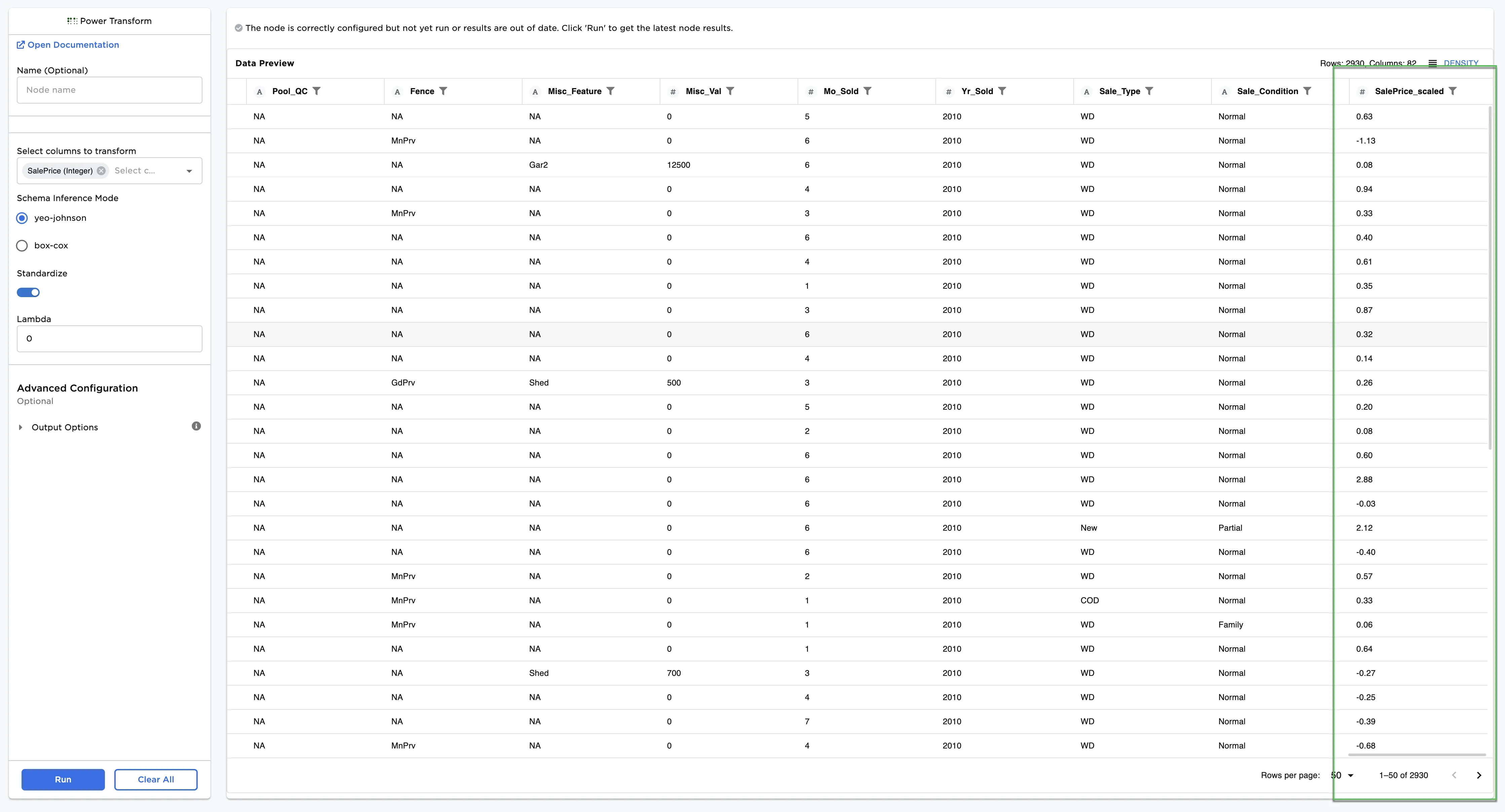 Example dataframe with default settings