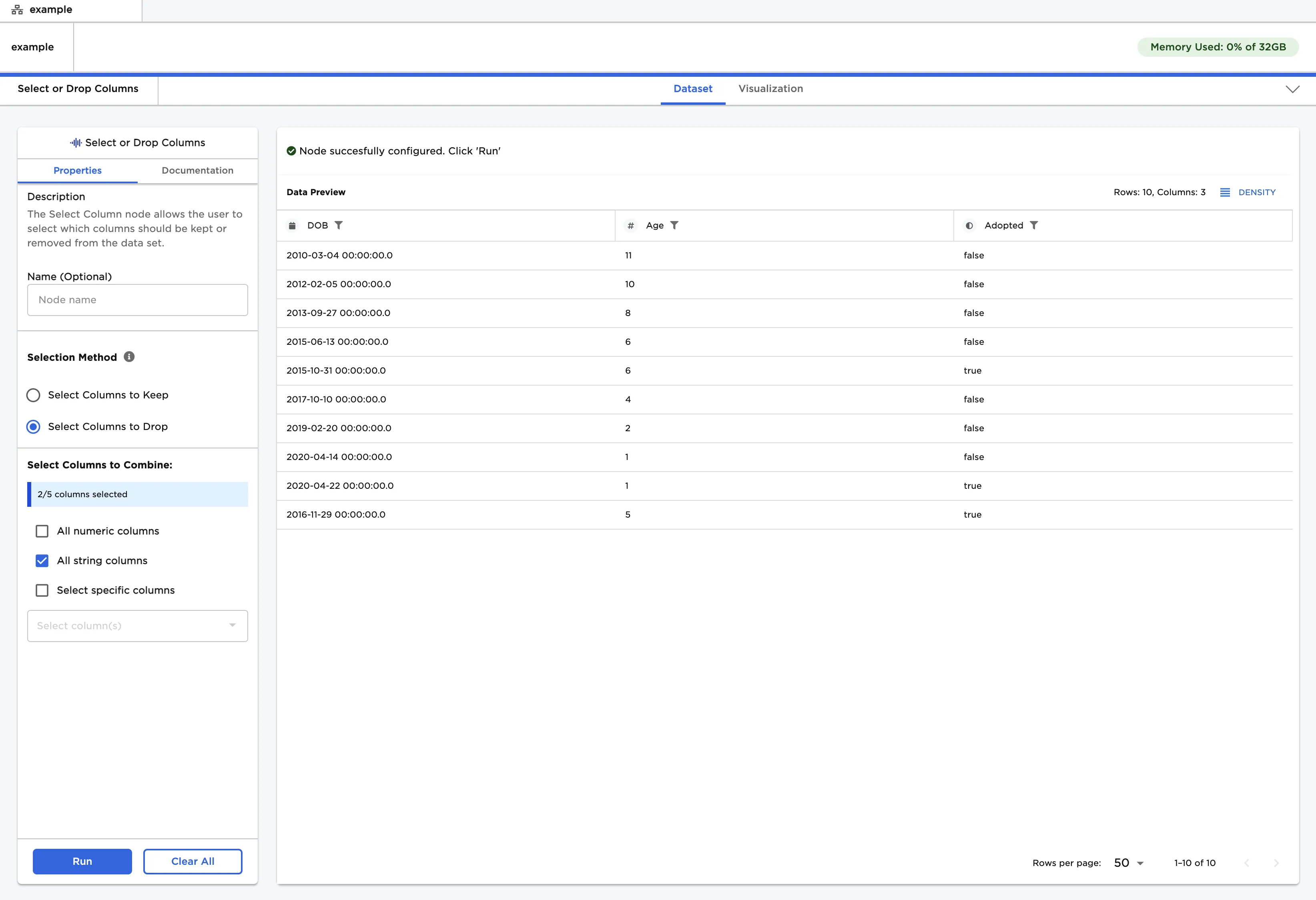 Example dataframe with string columns dropped