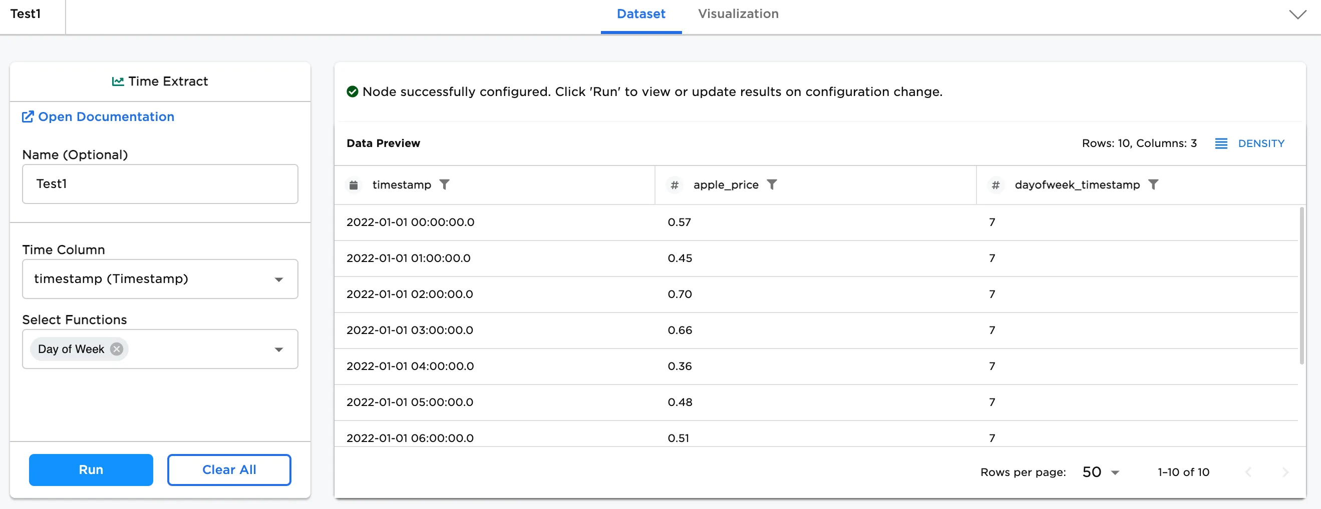Example dataframe with Day of Week selected