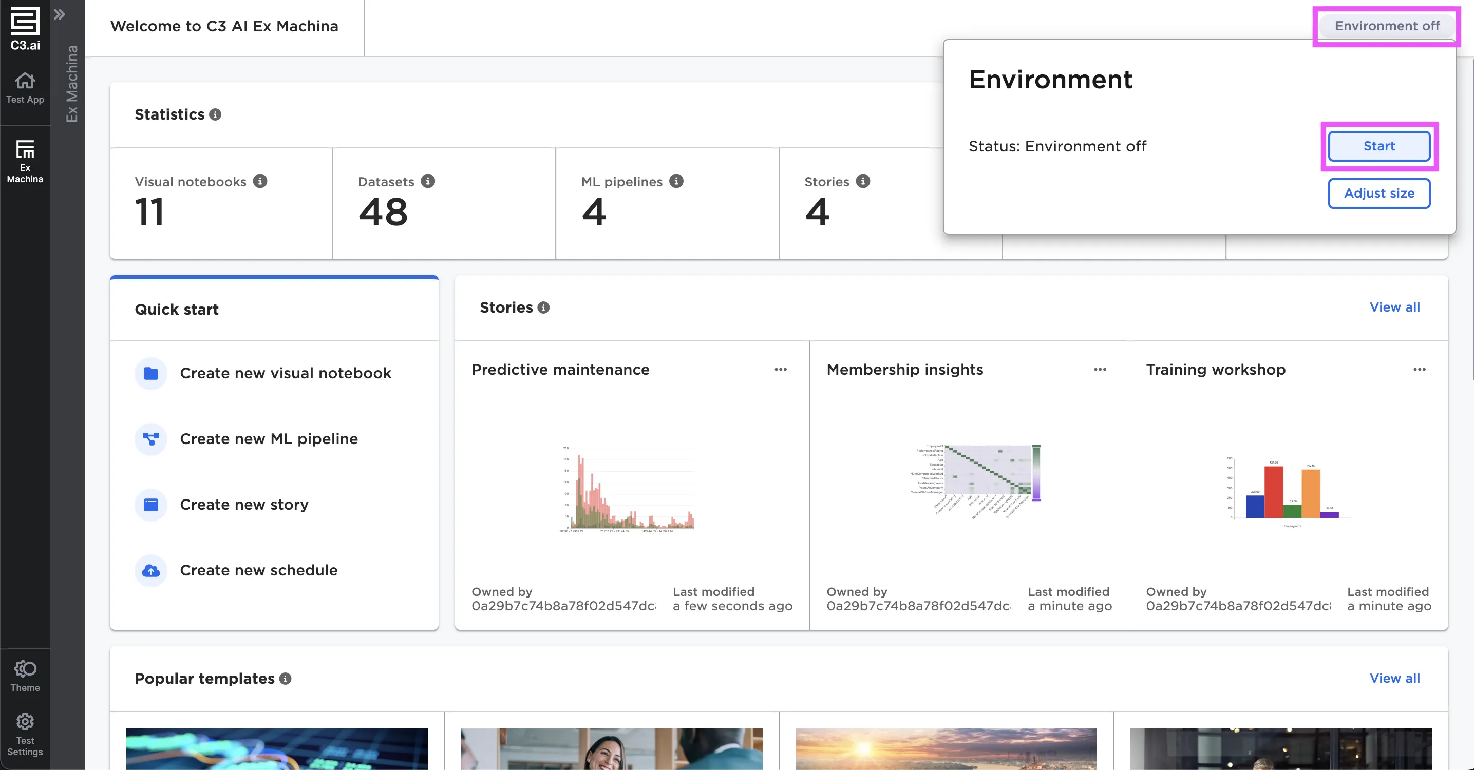 Start your workspace using the pill button