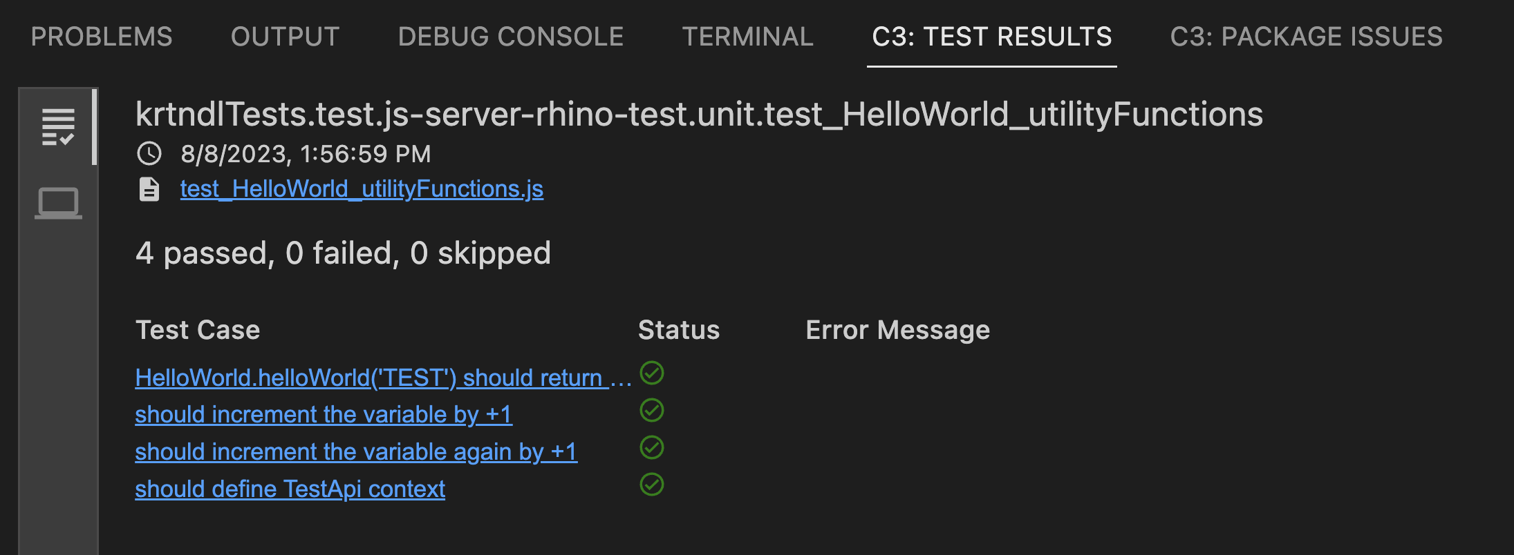 VS Code test results