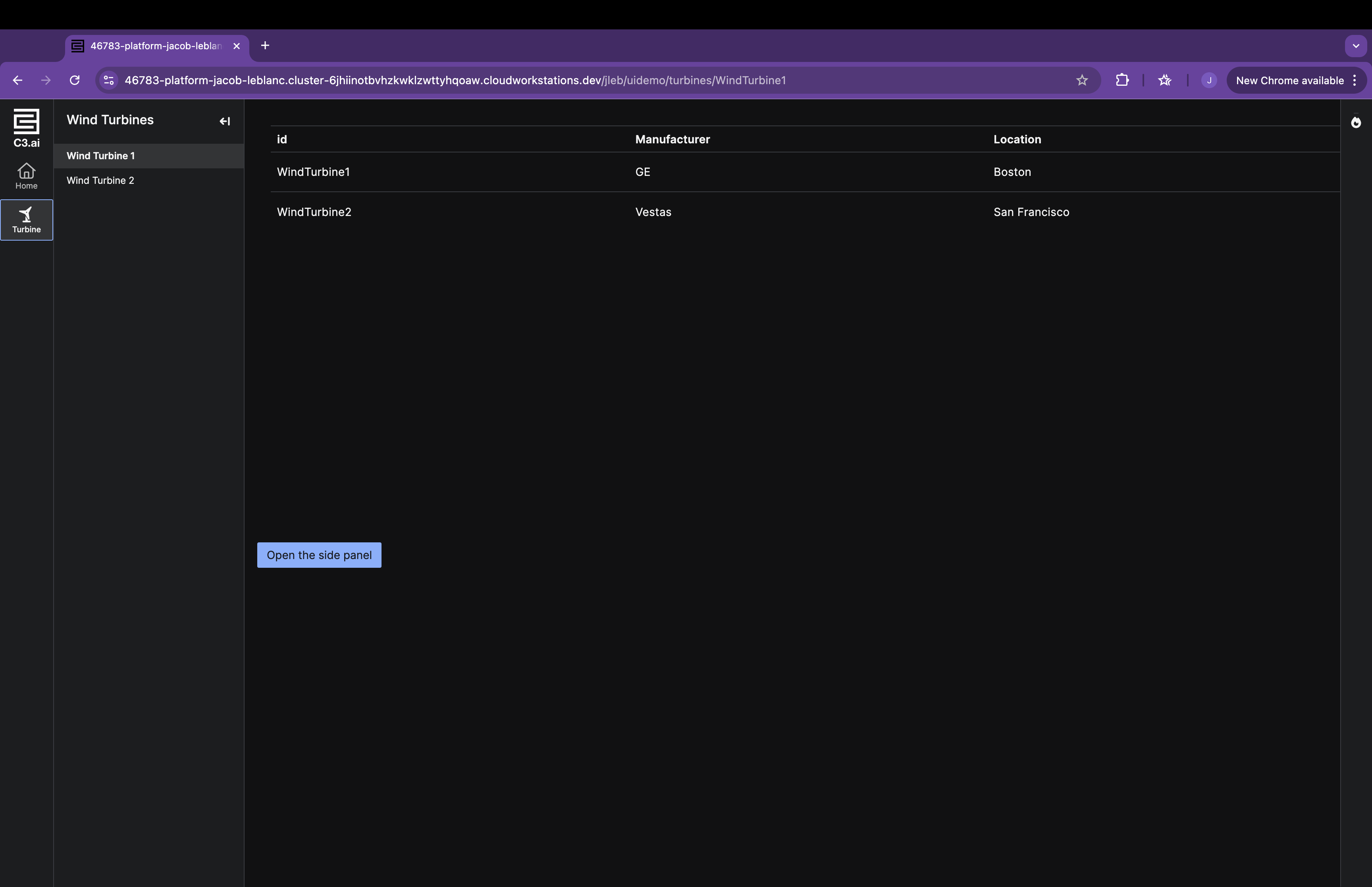 Page with a button to open a side panel