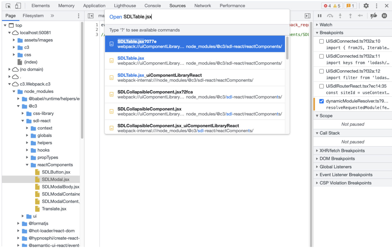 select jsx in sources panel