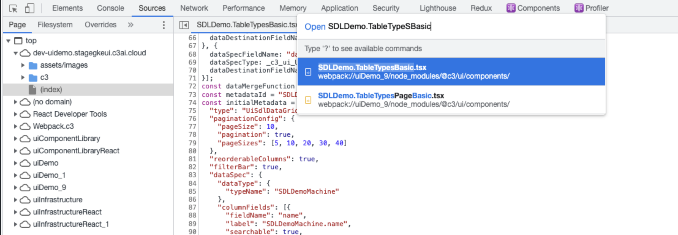 select tsx file in sources panel